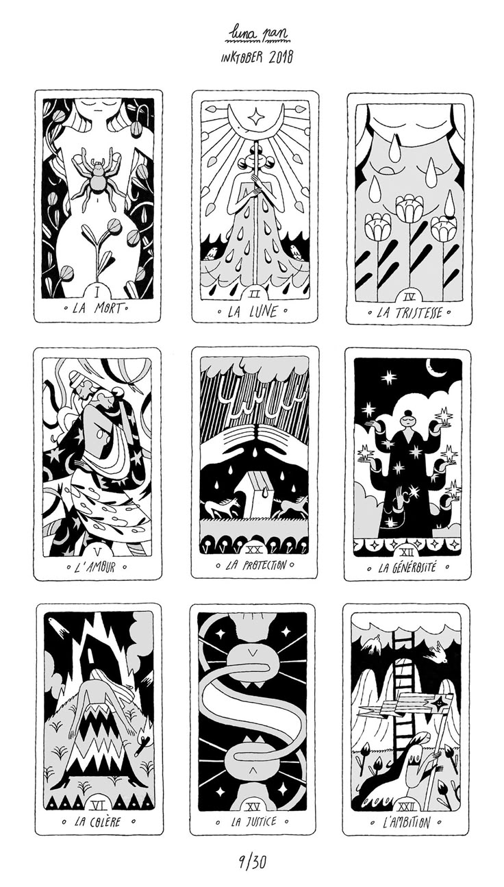 six taroti cards with different designs and numbers on the front, one in black and white