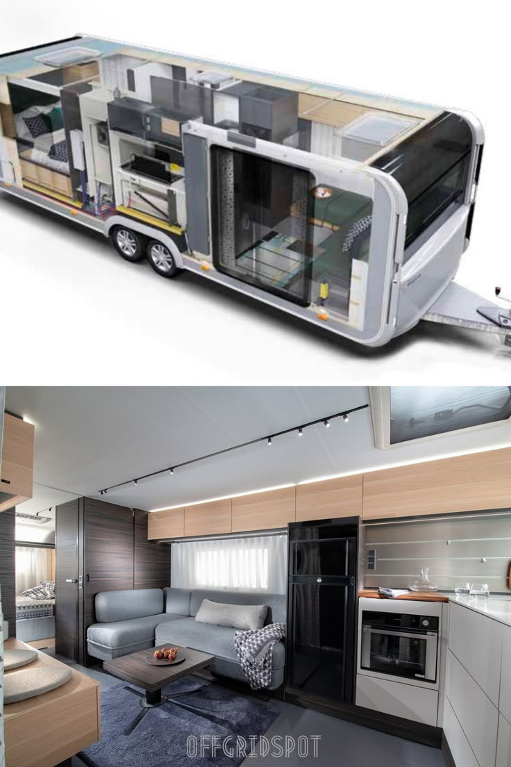 the interior and exterior of an rv that looks like it could be converted into a living room