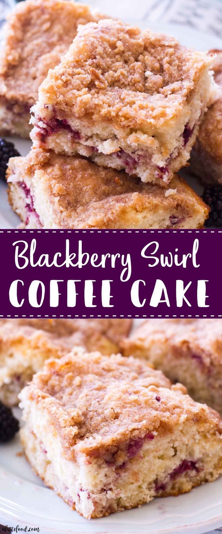 blueberry swirl coffee cake on a plate with the words blackberry swirl coffee cake above it