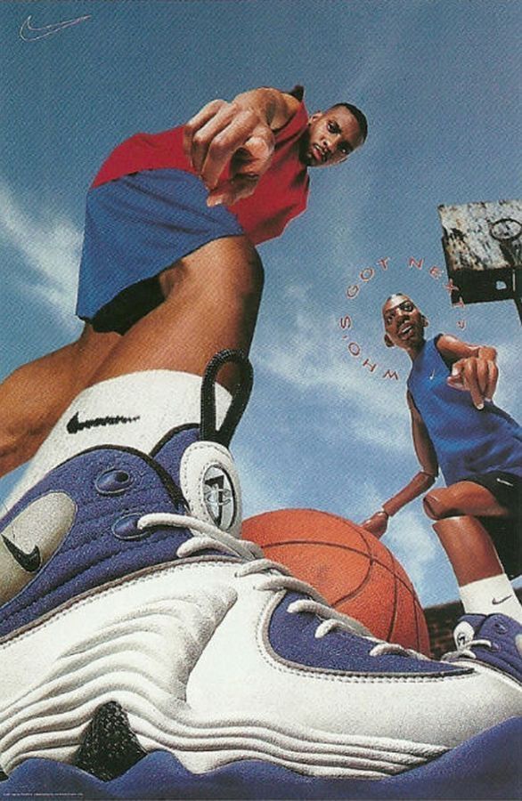 an advertisement for nike featuring two basketball players on top of a shoe with the sky in the background