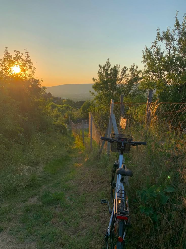 a bike parked on the side of a dirt road next to a fence and trees