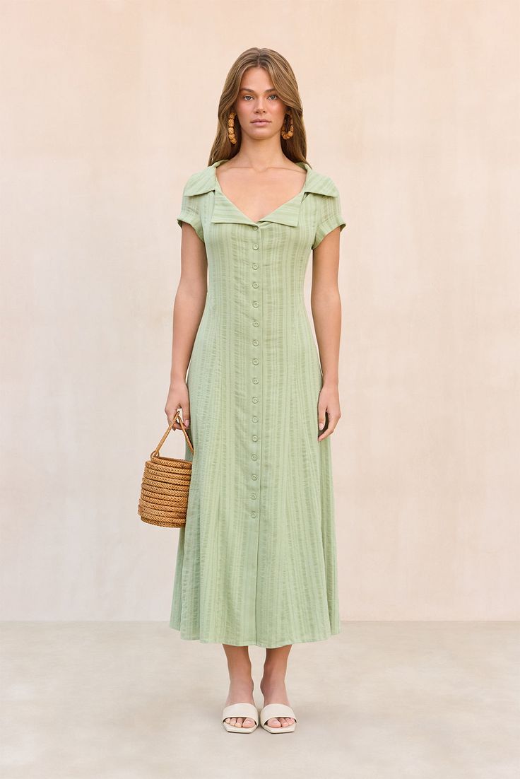 A midi length peasant dress made from textured voile with lapels and a functional button down front. — Midi length — Peasant style — Textured voile — Functional front buttons Grey's Anatomy Derek, Willow Dress, Dresses Holiday, Amal Clooney, Platform Flats, Evening Sandals, Peasant Style, Dress Sale, Cult Gaia