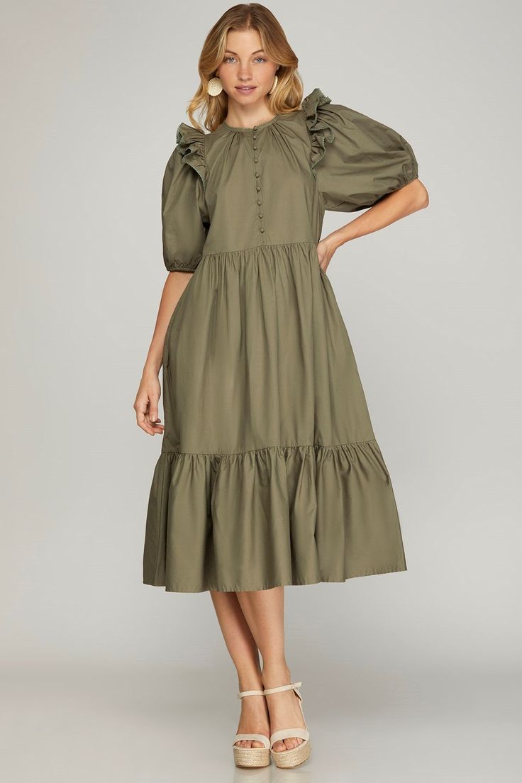 The perfect midi dress, for a casual event or outfit. so cute to just throw on. Green Knee-length Brunch Dress, Summer Tiered Midi Dress For Daywear, Cotton Midi Dress With Ruffle Hem, Feminine Green A-line Midi Dress, Green Ruffle Hem Dress For Day Out, Chic Cotton Tiered Midi Dress, Fall Midi Dress With Ruffle Hem For Brunch, Spring Cotton Tiered Maxi Dress, Fall Ruffled Short Sleeve Midi Dress