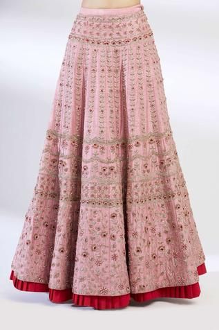 Pink high-waist lehenga with zardozi embroidered motifs. Comes with blouse and sheer dupatta. Embellished Wedding Lehenga Long Skirt, Embellished Traditional Drape Skirt For Wedding, Embellished Traditional Drape Wedding Skirt, Traditional Skirt With Resham Embroidery For Festive Occasions, Traditional Festive Skirt With Resham Embroidery, Traditional Wedding Skirt With Intricate Embroidery, Designer Traditional Drape Skirt With Resham Embroidery, Semi-stitched Skirt For Reception And Festive Occasions, Embroidered Skirt For Wedding And Navratri