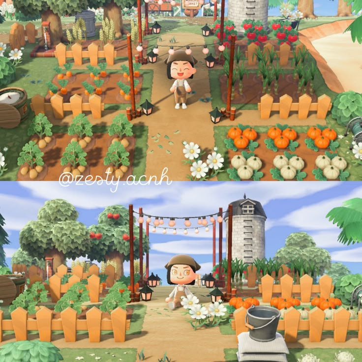 This image shows an animal crossing new horizons design of a vegetable farm with a pathway going up the middle lighted by arched string lights . Anch Farmers Market, Outdoor Areas Acnh, Farm Area Animal Crossing, Acnh Eating Area, Acnh Outdoor Market, Acnh Produce Garden, Acnh Food Market, Acne Farm Ideas, Animal Crossing Farmers Market Ideas