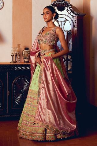 Light green jacquard silk banarasi lehenga featuring floral, gota, zari and zardosi embroidery. Paired with a coordinating cutwork lace blouse, belt, and dupatta with paisley motif pearls., Fit: Relaxed Banarasi Bridal Lehenga, Aditi Gupta, Cutwork Lace, Zardosi Embroidery, Paisley Motif, Bridal Lehengas, Embroidery Floral, Floral Jacquard, Green Silk