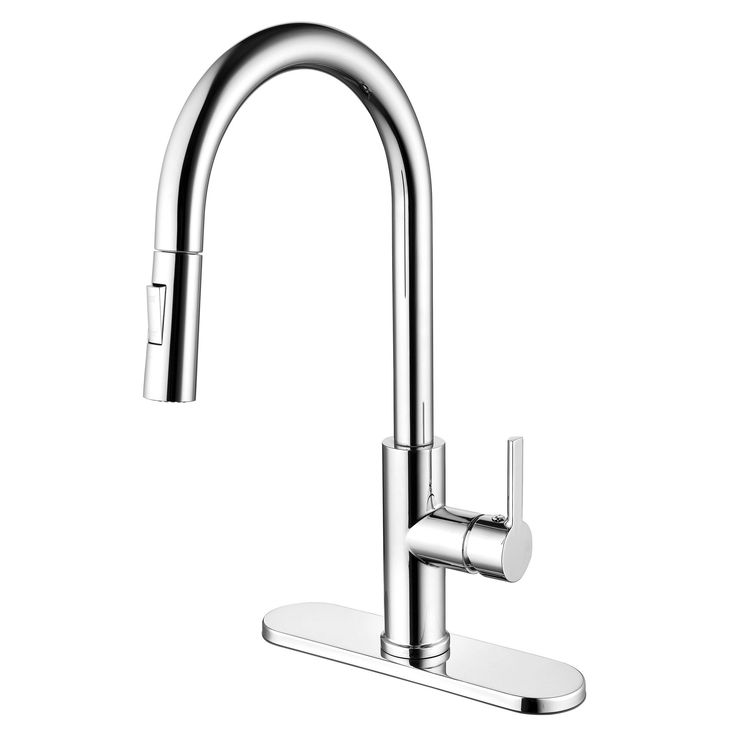 a kitchen faucet with chrome finish and metal spout, on a white background