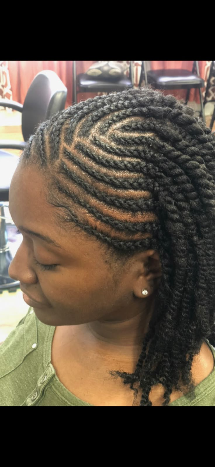 Spring Twists w/ braided front Cornrows In Front Twist In Back, Back To School Cornrow Hairstyles Natural Hair, Natural Spring Twists, Braided Front Twisted Back, Cornrow Front Twist Back, Cornrow Into Twist, Cornrow Front And Twist Back Natural Hair, Braids In Front Twists In Back, Half Braid Half Twist Natural Hair