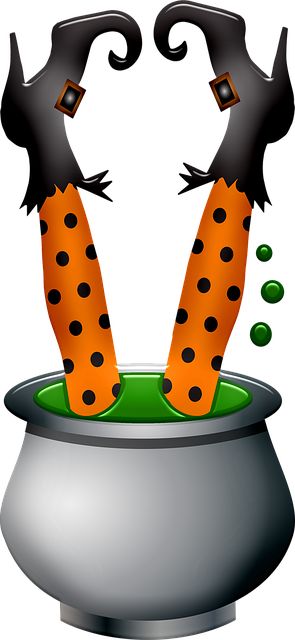 two orange and black legs sticking out of a caulder filled with green liquid