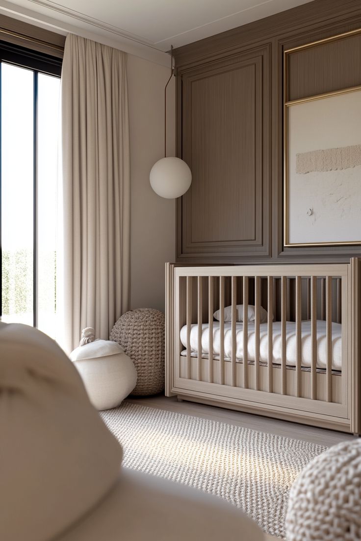 a baby's room with a crib, bed and large window overlooking the outdoors