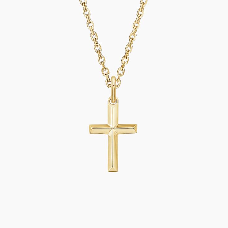 Homme Cross Pendant Necklace - 14K Yellow Gold. Unique beveled edges add a design-forward feel to this meaningful cross pendant. 
 
 Homme, our unique men's line, is a signature design collection united by handsome bevels that modernize traditional masculine silhouettes with sleek, high polish edges. Wedding Band Guide, Christian Crosses, Mediterranean Mansion, Ring Style Guide, Minimalist Necklaces, Tacori Engagement Rings, Father Son Holy Spirit, Diamond Earrings Design, Trending Engagement Rings