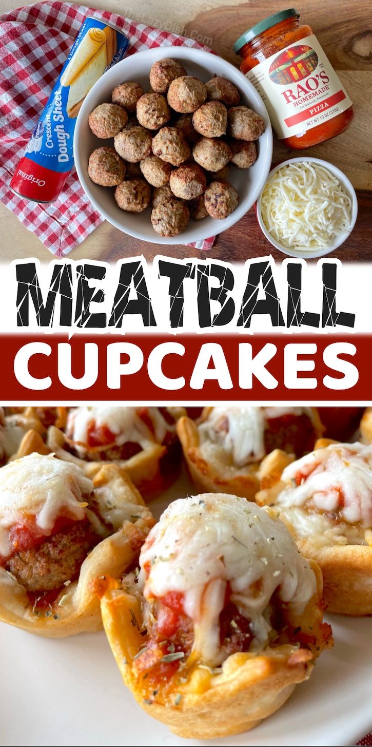 meatball cupcakes with cheese and sauce in the middle on a white plate