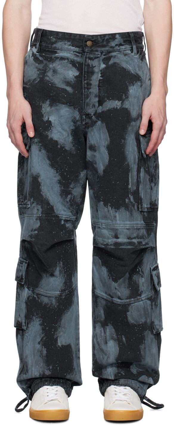 Wide-leg non-stretch denim jeans. Hand-dyed tie-dye pattern and paint splatter effect throughout. · Belt loops · Four-pocket styling · Button-fly · Tucks at knees · Drawstring at cuffs · Cargo pockets at outseams · Gusset at inseam · Logo flag at back waistband · Grosgrain straps at back Supplier color: Bluesh grey & black Paint Splatter Jeans, Tie Dye Men, Tie Dye Patterns, Paint Splatter, Jeans Brands, Black Pattern, Dark Denim, Wide Leg Jeans, Aesthetic Clothes