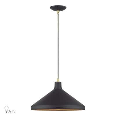 a black and gold pendant light hanging from a ceiling fixture on a white background with the word