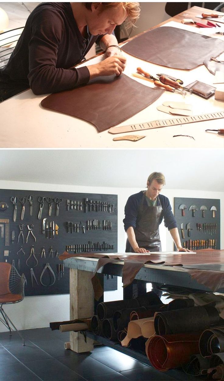 two pictures one shows a man working at a table and the other shows tools on display