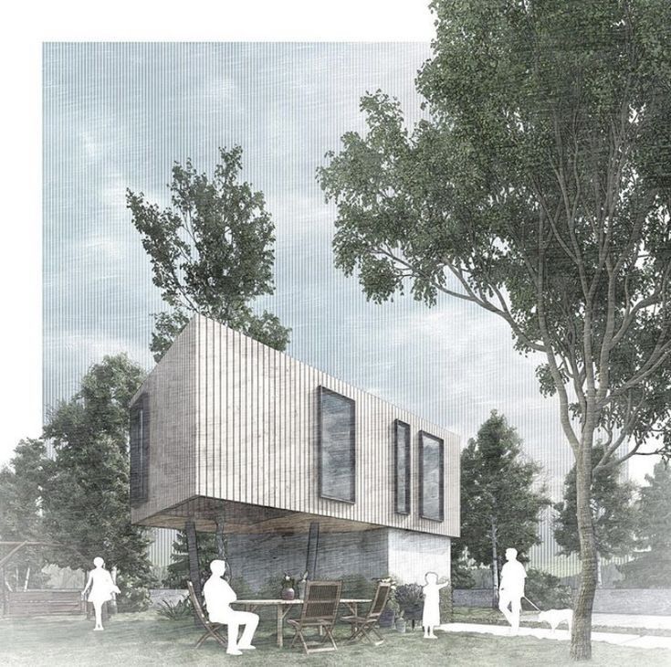 an artist's rendering of a house in the middle of a park with people standing around