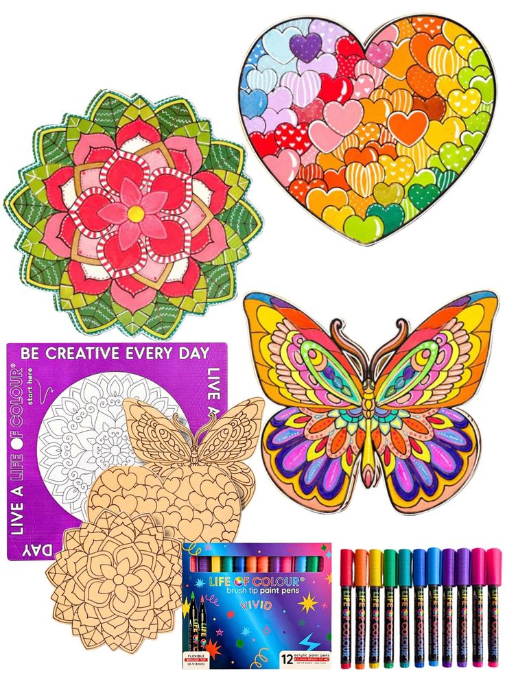 the coloring book and crayon markers are shown with two heart shaped flowers, one butterfly