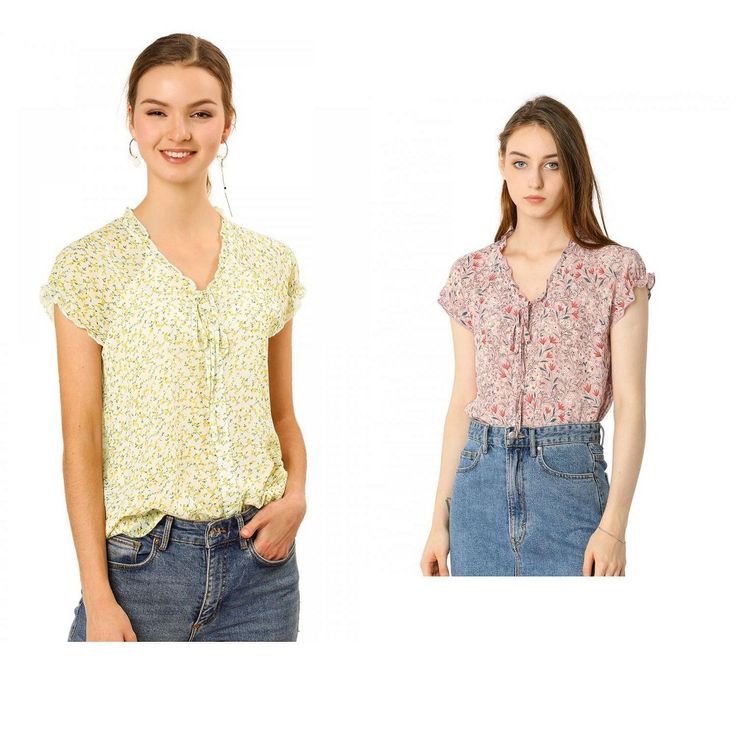 Lightweight and breezy, the shirt is perfect for sunshine styling. A floral print updates this top, perfect for adding a summer pattern to warm-weather looks. Made of a lightweight fabric, the printed style has a self-tie decor at the neckline and a ruffled trim. It has a loose fit that falls to the hip, so you can easily tuck it into skirts or jeans. Summer V-neck Blouse With Ditsy Floral Print, Casual V-neck Top With Ditsy Floral Print, Casual Summer Blouse For Daywear, Feminine Tops With Ditsy Floral Print, Spring Casual Daywear Blouse, Casual Spring Blouse For Daywear, Casual Printed Blouse For Daywear, Casual Spring Daywear Blouse, Spring Beach Blouse With Ditsy Floral Print