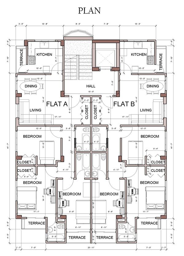 the floor plan for an apartment building with three floors and four bedroom, two bathrooms