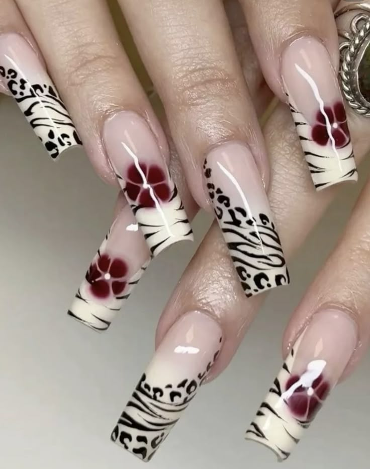 Paznokcie Hello Kitty, Zebra Print Nails, Zebra Nails, Punk Nails, Leopard Print Nails, Grunge Nails, Girly Acrylic Nails, Dope Nail Designs, Unique Acrylic Nails