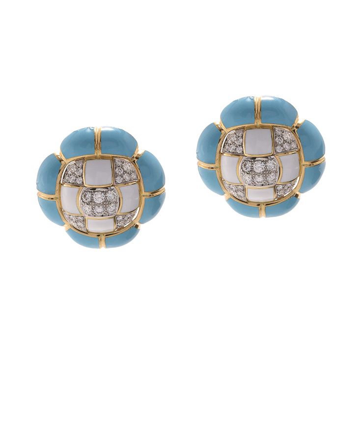 Brilliant-cut diamonds, light blue and white enamel, 18K gold, and platinum. Quilted Earrings, Antiques And Collectibles, White Enamel, Gold Details, Antique Collection, Quilt Pattern, Brilliant Cut Diamond, Ring Bracelet, Quilt Patterns