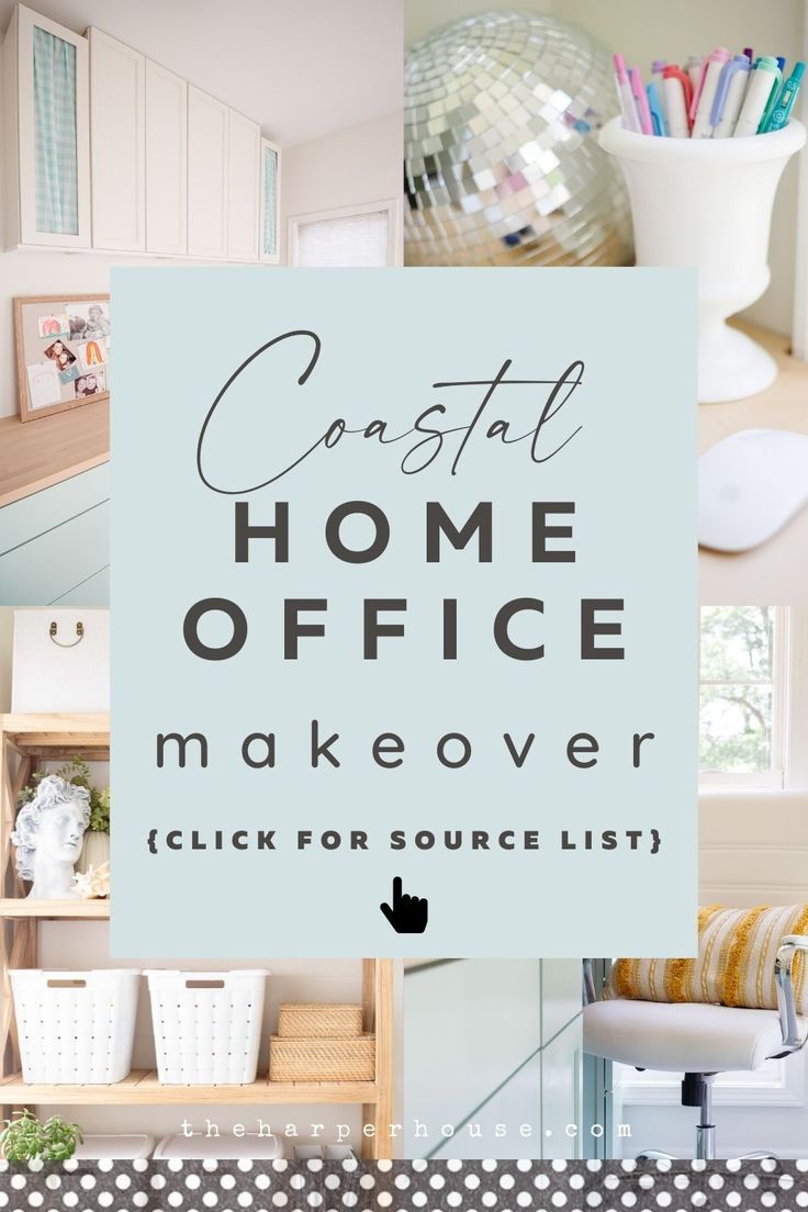 the words coastal home office makeover are in black and white with polka dots on it