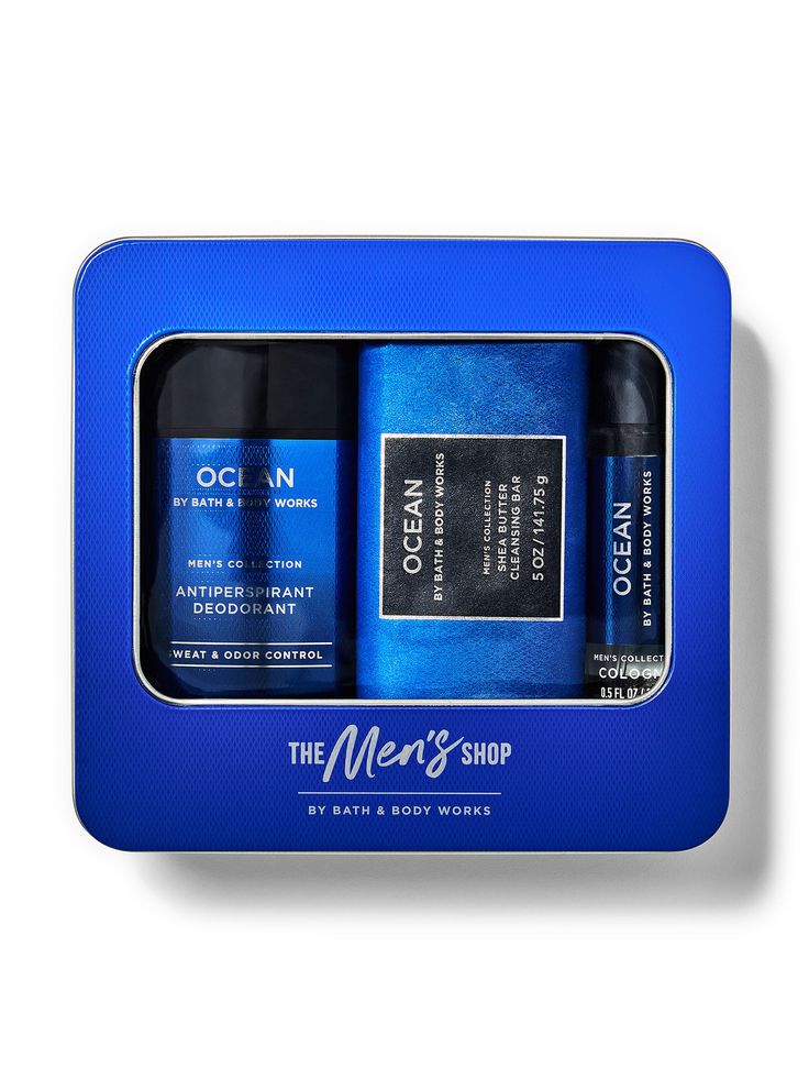 What it does: makes gifting so easy and puts a smile on their face. Why they'll love it: Helps them stay fresh Includes shea butter cleansing bar (5 oz), mini cologne (.5 fl oz) and antiperspirant deodorant (2. Bath And Body Works Men Products, Bath Gifts, Blue Cypress, Ocean Gifts, The Deep Blue Sea, Bath Gift, Antiperspirant Deodorant, Makeup Looks Tutorial, Deep Blue Sea