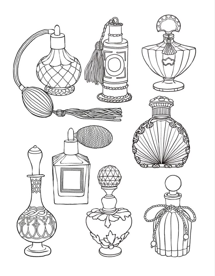 the different types of perfume bottles are shown in black and white, as well as an outline