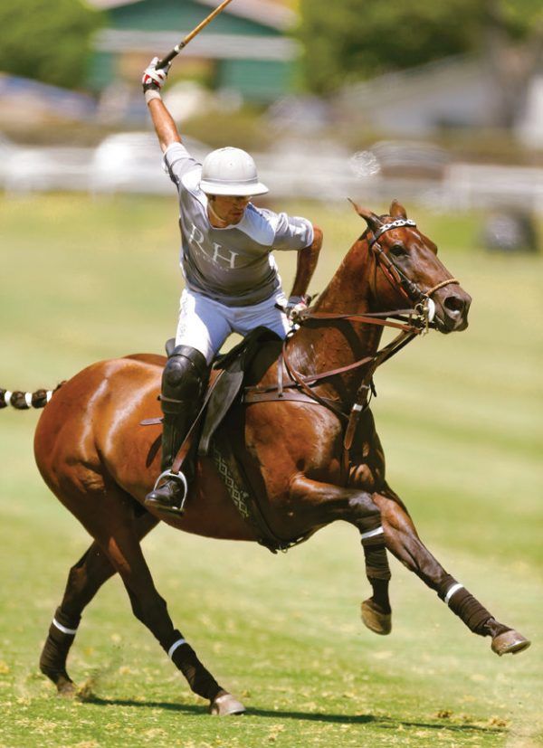 a polo player is riding a horse with his arm in the air as he hits the ball