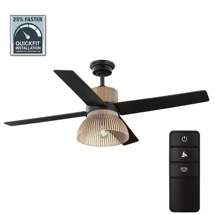 a ceiling fan and remote control on a white background with the words quicket installation