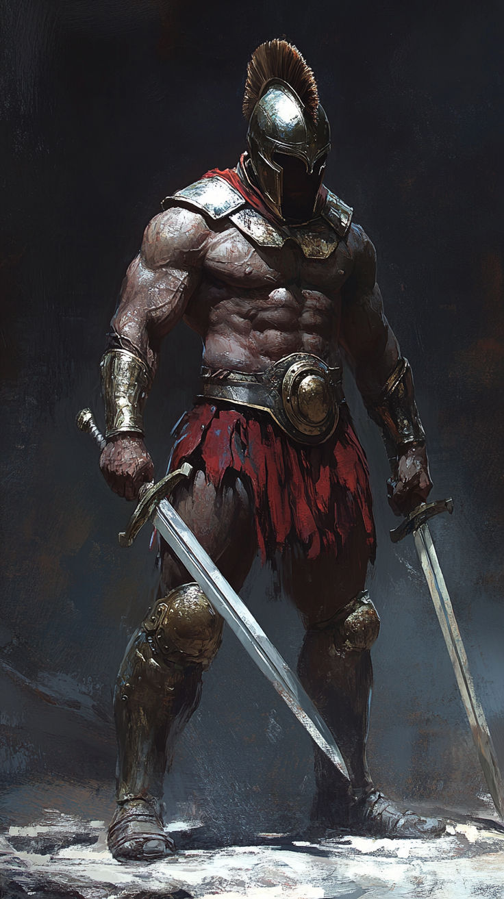 a painting of a man in armor holding two swords