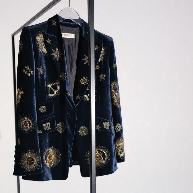 HOLY CHIC | Emilio Pucci FW2015 Blue Velvet Zodiac Jacket with Hand Embroidered Details Preowned & Excelent Condition Size: S Sold. 📍Str. Metropolit … | Instagram Celestial Tuxedo, Evil Eye Jacket, Embroidered Suit Jacket, Evil Eye Fashion, Blue Velvet Jacket, Witch Clothes, Circus Characters, Embroidered Blazer, New Fashion Style