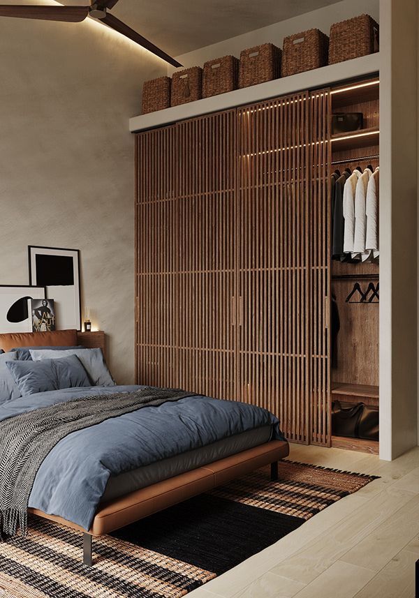 Bed Rooms Closet Ideas, Japan Bedroom Design Small Spaces, Small Room With Wardrobe Bedroom Ideas, Bedroom Small Wardrobe Ideas, Japandi Canopy Bed, Japandi Tiny Bedroom, Interesting Bedroom Design, Scandi Asian Interior, Japandi Master Room Design