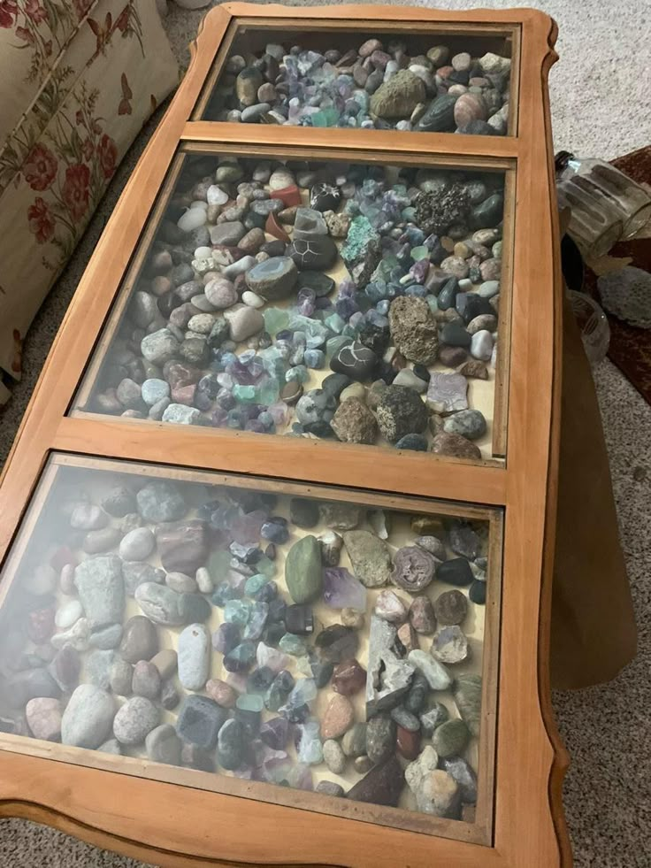 three glass display cases filled with rocks on top of a carpeted floor next to a couch