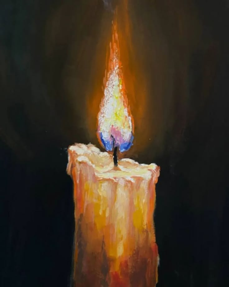 a painting of a lit candle on a black background