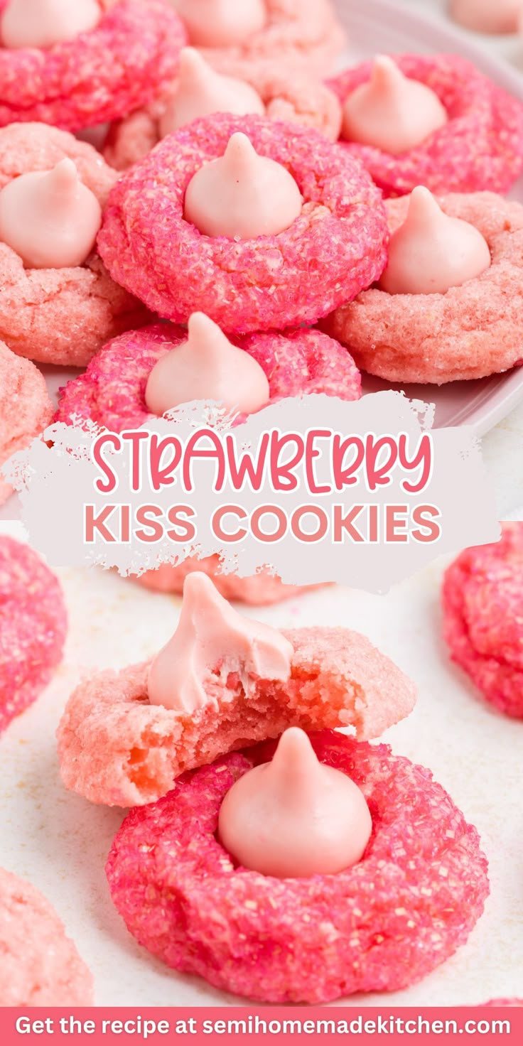 strawberry kiss cookies with white frosting on top and pink sprinkles in the middle