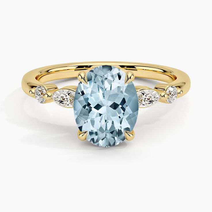 Aquamarine Petite Versailles Diamond Engagement Ring (1/6 ct. tw.) - 18K Yellow Gold. Round and marquise diamonds create an alluring pattern in this chic and distinctive engagement ring (1/6 total carat weight). Aquamarine Engagement Rings, Sparkly Rings, Three Stone Diamond Engagement Ring, Three Stone Diamond Rings Engagement, Trend Accessories, Dream Rings, Three Stone Diamond Ring, Engagement Ring Ideas, Basket Setting