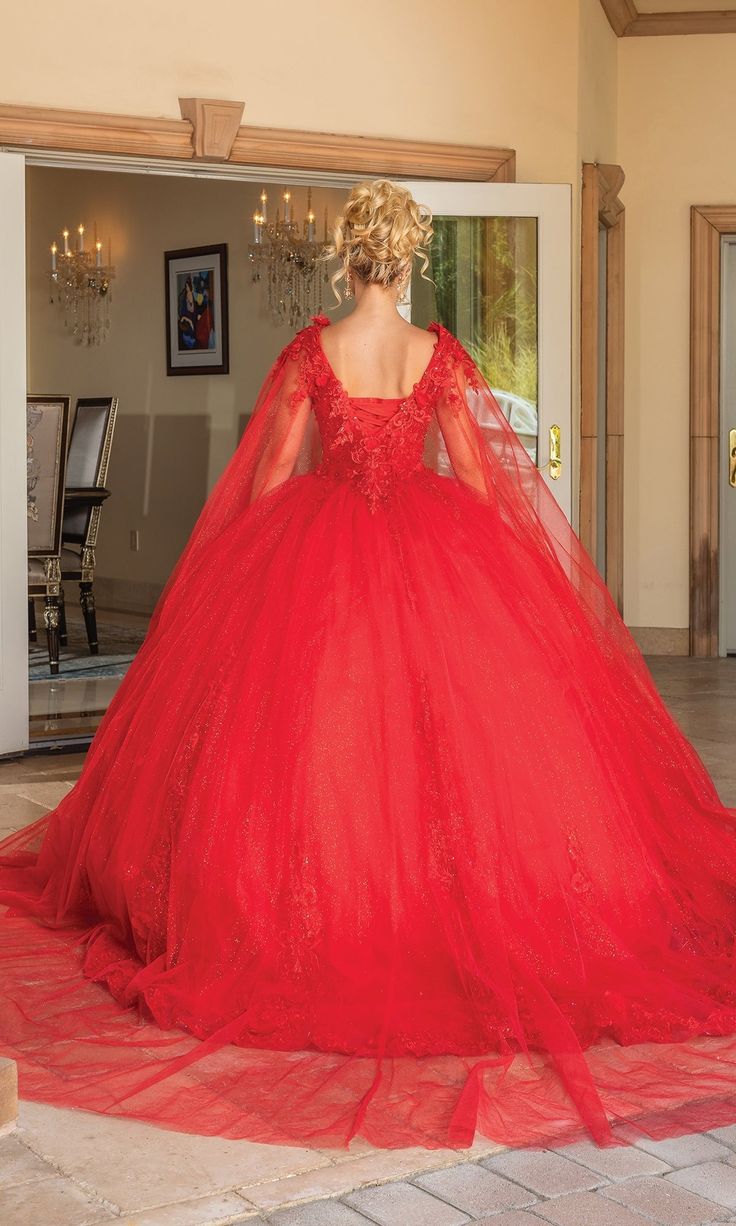 Long v-neck a-line quinceanera ball gown with removable draped sleeves. Elegant Red Tulle Quinceanera Dress, Red Ball Gown With Fitted Bodice For Pageant, Red Ball Gown With Fitted Bodice For Pageants, Red Ball Gown Quinceanera Dress For Pageant, Red Fitted Quinceanera Dress For Pageant, Red Sweetheart Neckline Ball Gown For Pageant, Fitted Red Quinceanera Dress For Gala, Fitted Red Quinceanera Dress For Pageant, Elegant Red Quinceanera Dress For Gala