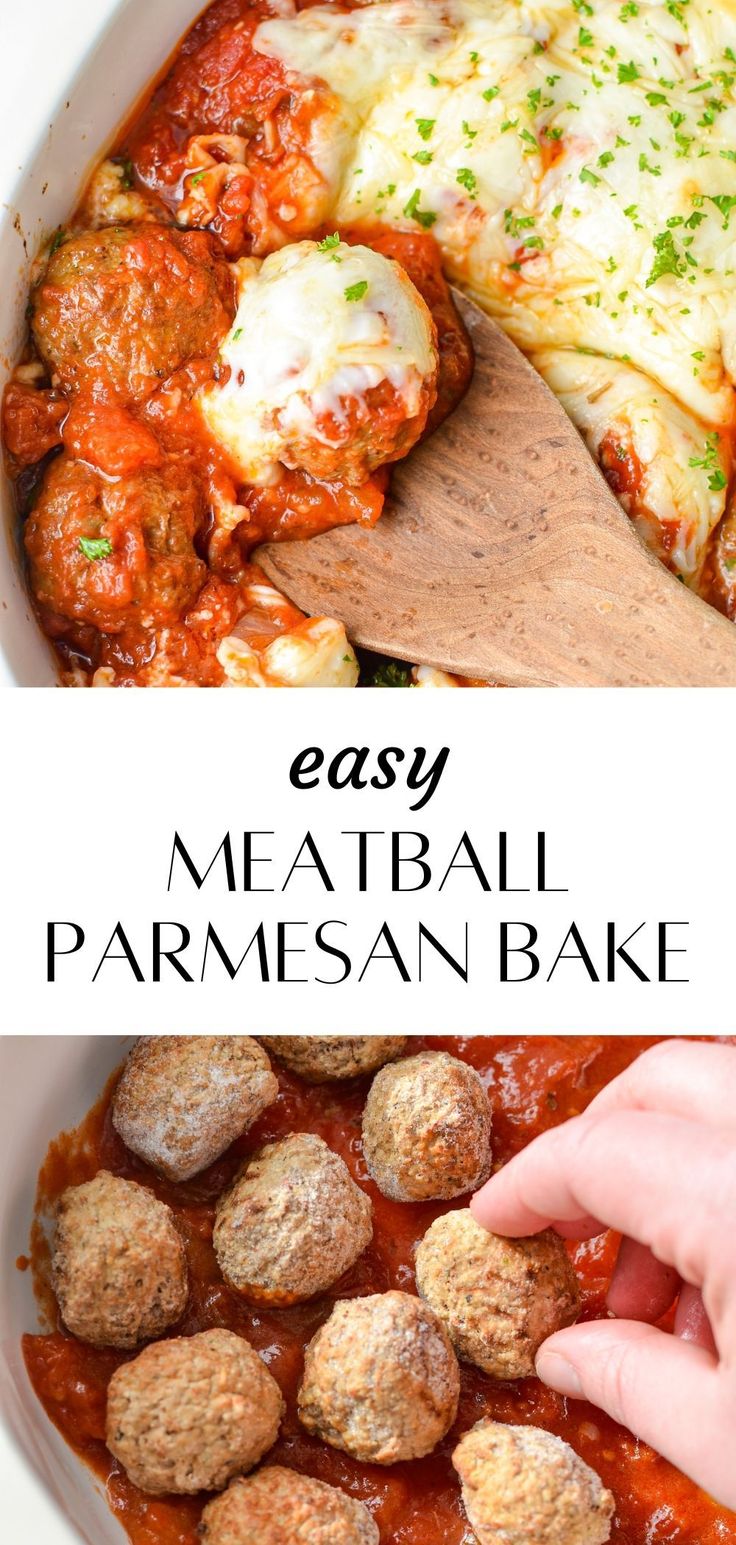 meatball parmesan bake in a white casserole dish