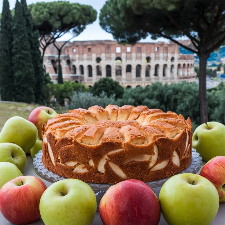 an apple cake surrounded by apples on a table in front of the colossion