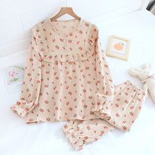 Long Sleeve Floral Women's 2 Piece Pajama Set — Original Pajamas Casual Ruffled Sets For Pajama Party, Soft Cotton Long Sleeve Sets, Cotton Ruffle Sets For Pajama Party, Casual Ruffled Sleepwear For Pajama Party, Casual Long Sleeve Sets With Ruffles, Casual Long Sleeve Ruffled Sets, Comfortable Soft Sleepwear For Spring, Soft Cotton Sleepwear For Spring, Cute Ruffled Sleepwear For Loungewear