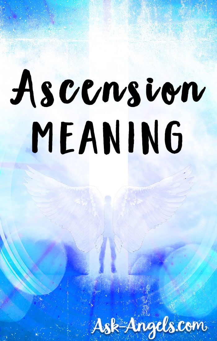 an angel with the words ascension meaning in black and white, against a blue background