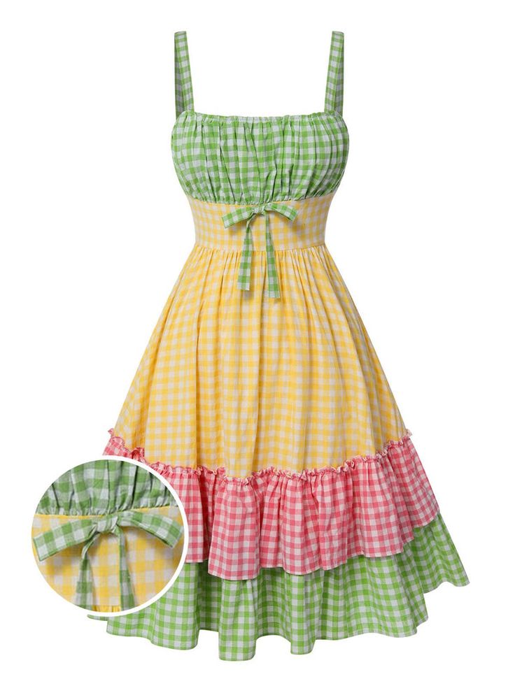 Colorful Polka Dot Dress, Cute Sun Dress, Bright Colored Clothes, Cute Summer Patchwork Dresses, Homemaker Dress, Retro Yellow Dress For Picnic, Farming Fashion, Cute Fall Dress Outfits, Fitted Colorful Patchwork Dresses