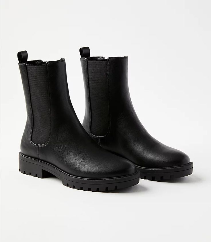 Lug Sole Chelsea Boots | LOFT Boots With No Heel, Lug Sole Chelsea Boots, Dresses And Shoes, Black Shoes Women, New Closet, Black Boots Women, Fall Winter Style, Fall Nails, Waterproof Boots