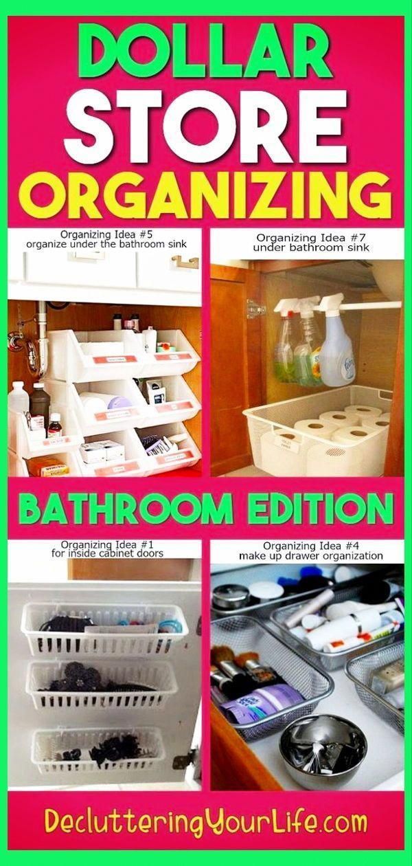 the dollar store organizing guide for bathroom and living room items, including storage bins