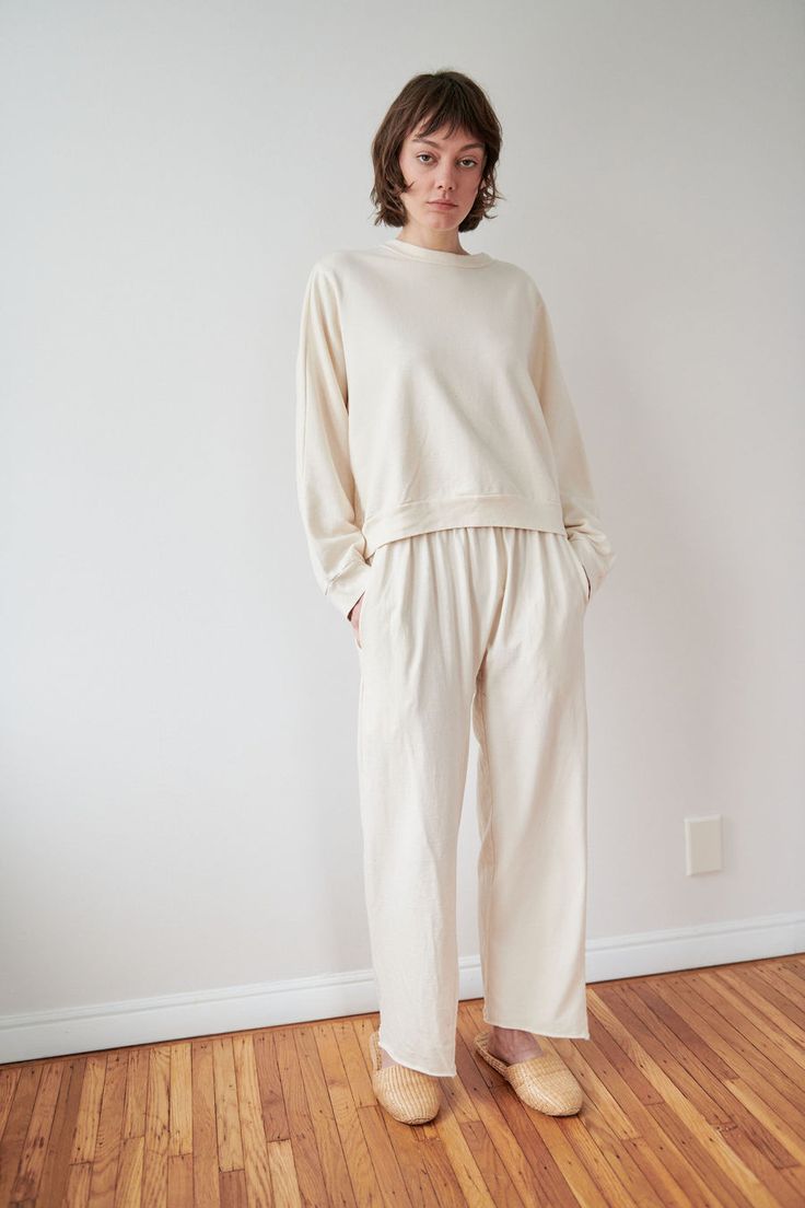 Easy Pant : Natural – Wol Hide Comfortable Cotton Pants With Straight Hem, Cotton Sweatpants With Straight Hem For Everyday, Relaxed Fit Cotton Pants With Straight Hem, Comfortable Cotton Sweatpants For Daywear, Relaxed Cotton Pants With Straight Hem, Cotton Sweatpants With Straight Hem, Spring Cotton Wide Leg Pants With Straight Hem, Organic Cotton Lounge Pants With Elastic Waistband, Everyday Cotton Relaxed Wide Leg Pants