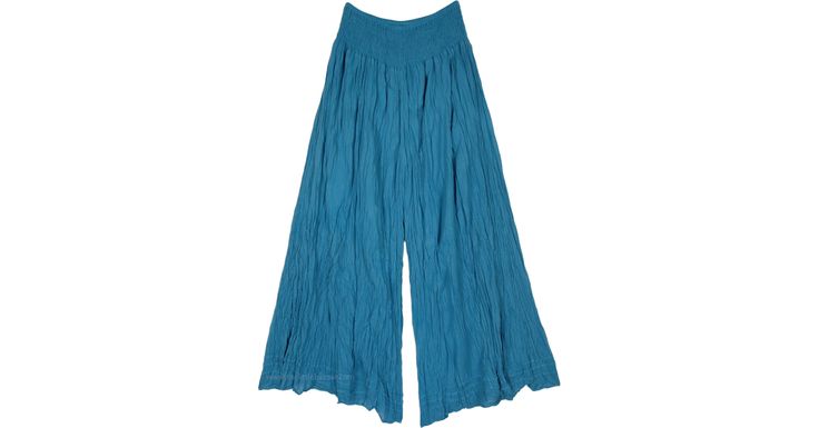 Cerulean Skies Wide Leg Shirred Waist Palazzo Pants Bohemian Summer Pants In Solid Color, Breezy Wide-leg Pants For Spring, Bohemian Summer Pants, Breezy Wide Leg Pants For Spring, Breezy Wide Leg Cotton Bottoms, Casual Full Length Wide Leg Pants For Summer, Solid Ankle-length Bottoms For Summer, Solid Bohemian Beach Bottoms, Breezy Blue Bottoms For Spring