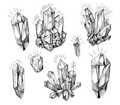 the different shapes and sizes of crystals are shown in black and white on a white background