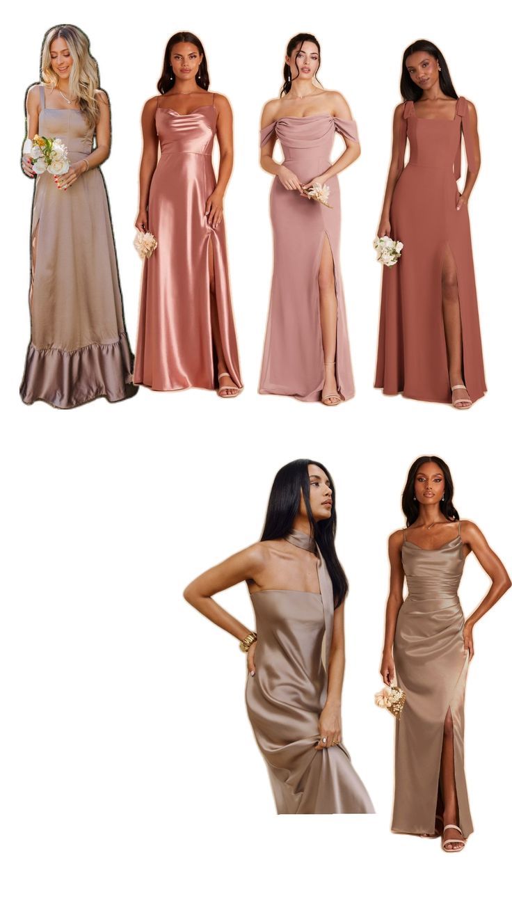 bridesmaid dresses in different colors and styles, including one with high slits