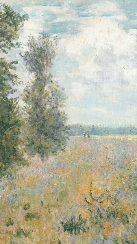 an oil painting of trees and flowers in a field